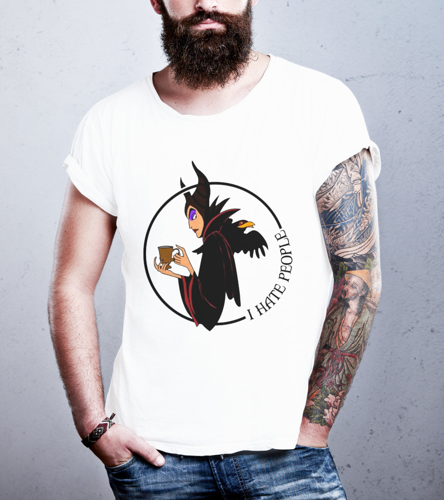 Maleficent Coffee Holding With I Hate People Text And Raven On Shoulder T-Shirt