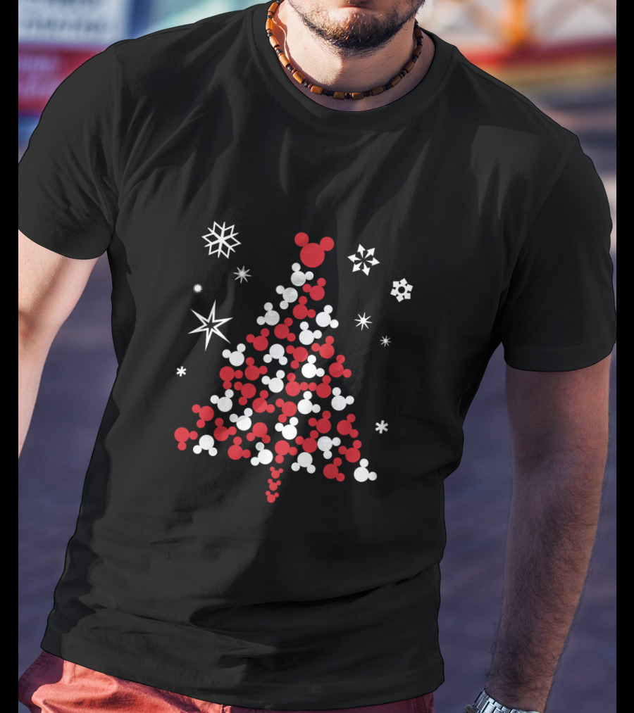 Mickey Mouse Head Christmas Tree With Snowflakes And Stars T-Shirt