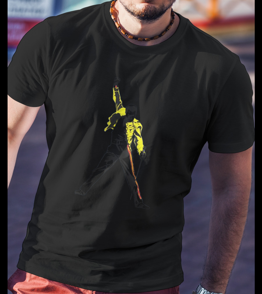 Queen Concert Iconic Freddie Mercury Silhouette With Yellow Jacket And Microphone T-Shirt