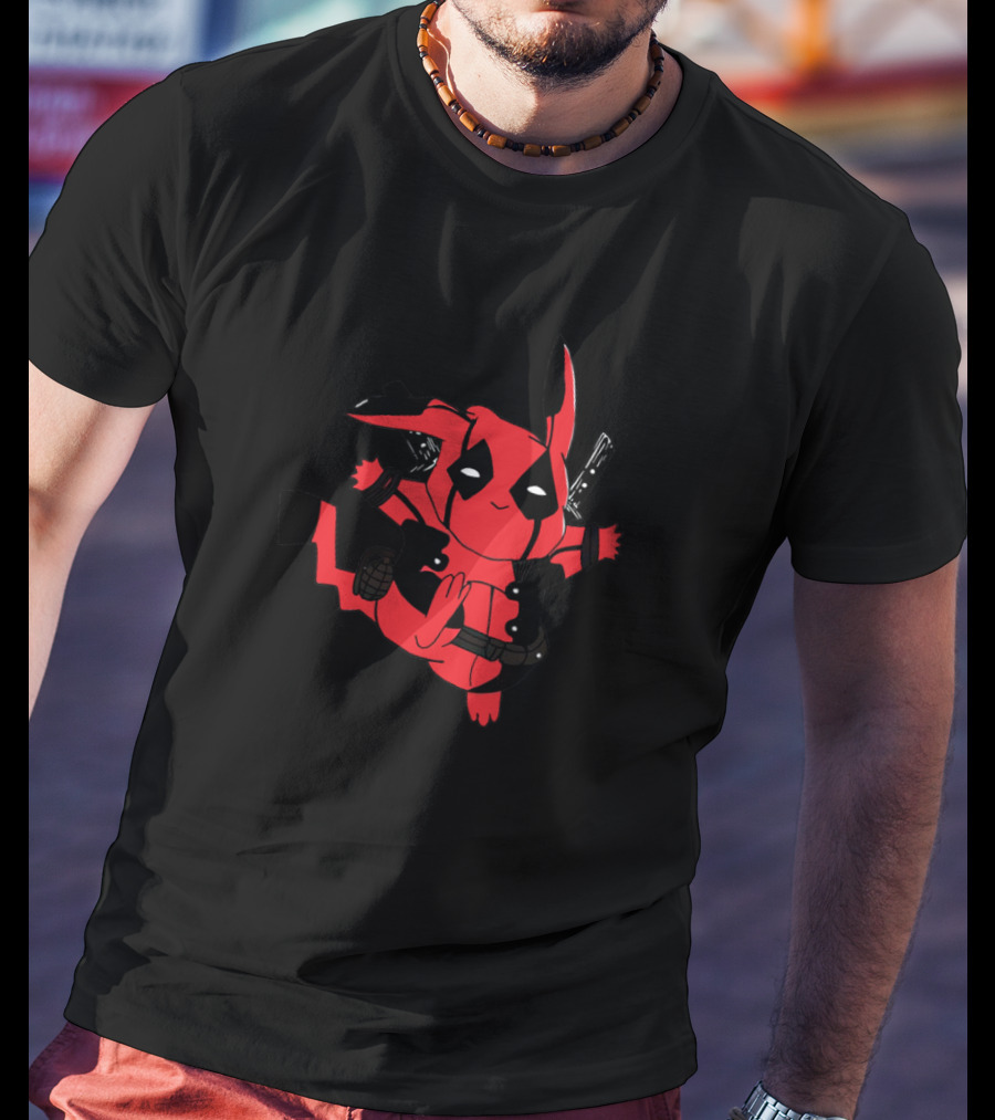 Pikachu Deadpool Crossover Character With Red Suit And Swords T-Shirt