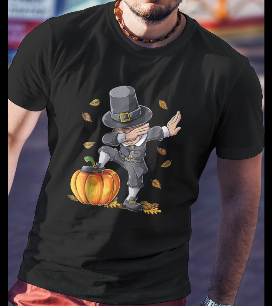Pilgrim Dabbing On Pumpkin With Falling Autumn Leaves T-Shirt