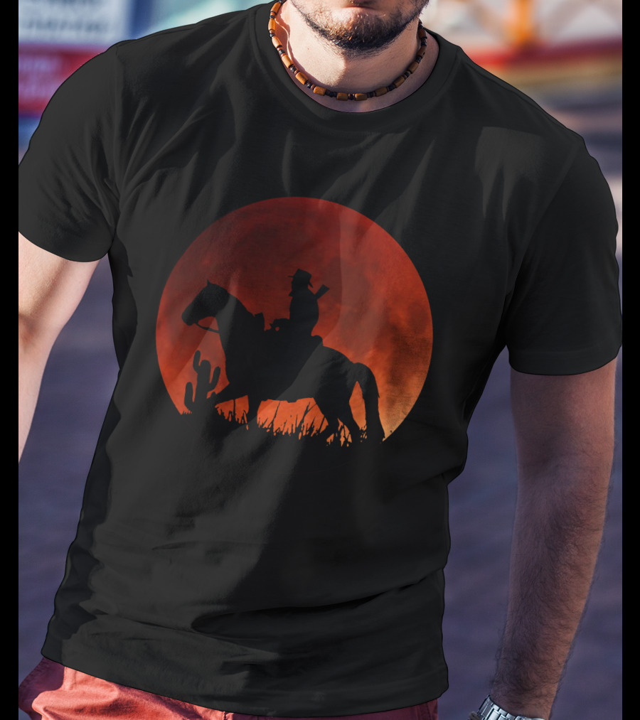 Red Moon Cowboy Riding Silhouette Red Dead Redemption T-Shirt