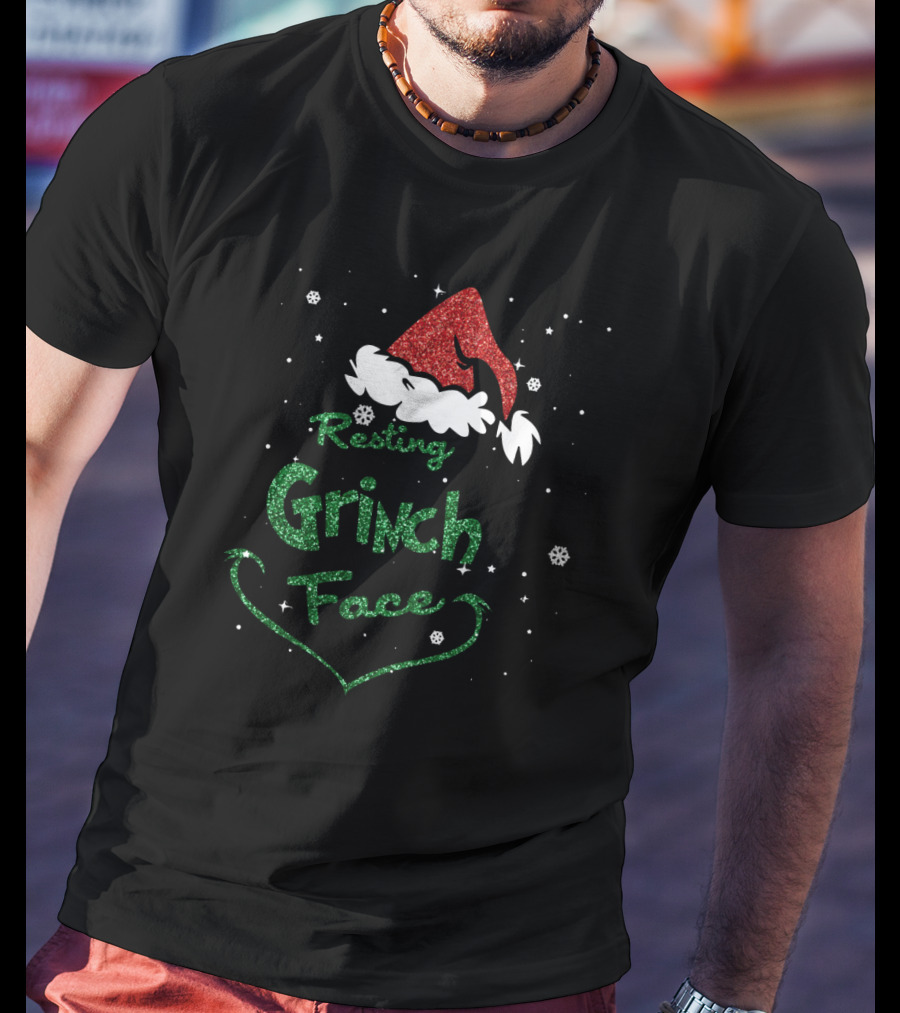Resting Grinch Face Santa Hat Snowflakes T-Shirt