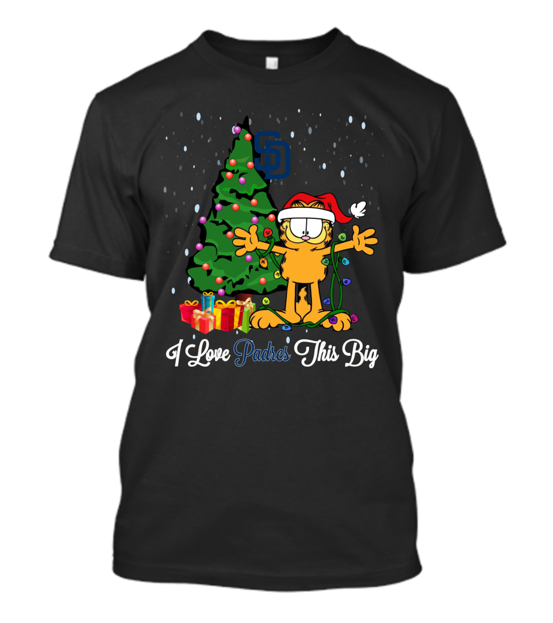 I Love Padres This Big Garfield Christmas San Diego Padres Holiday Spirit Tree And Gifts T-Shirt