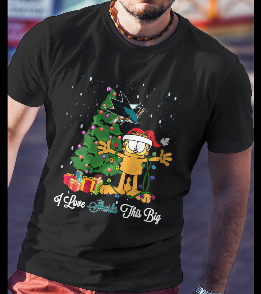 I Love San Jose Sharks Christmas Tree With Garfield Holiday Scene T-Shirt