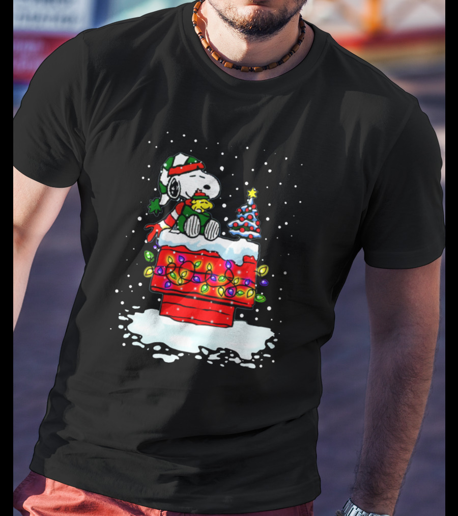 Snoopy Christmas Lights On Doghouse With Woodstock And Winter Scene From Peanuts T-Shirt