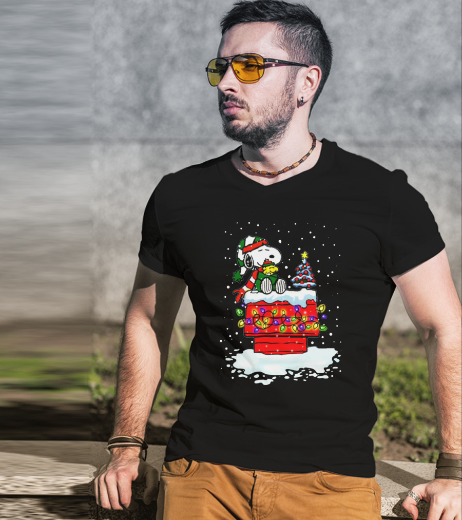 Snoopy Christmas Lights On Doghouse With Woodstock And Winter Scene From Peanuts T-Shirt