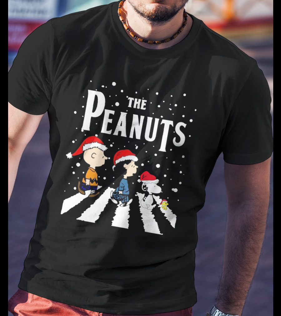 The Peanuts Christmas Abbey Road With Snoopy And Friends In Santa Hats T-Shirt