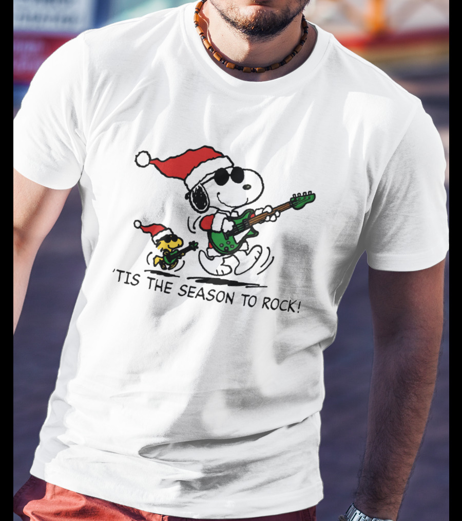 Snoopy And Woodstock Santa Rocking Guitars 'Tis The Season To Rock T-Shirt