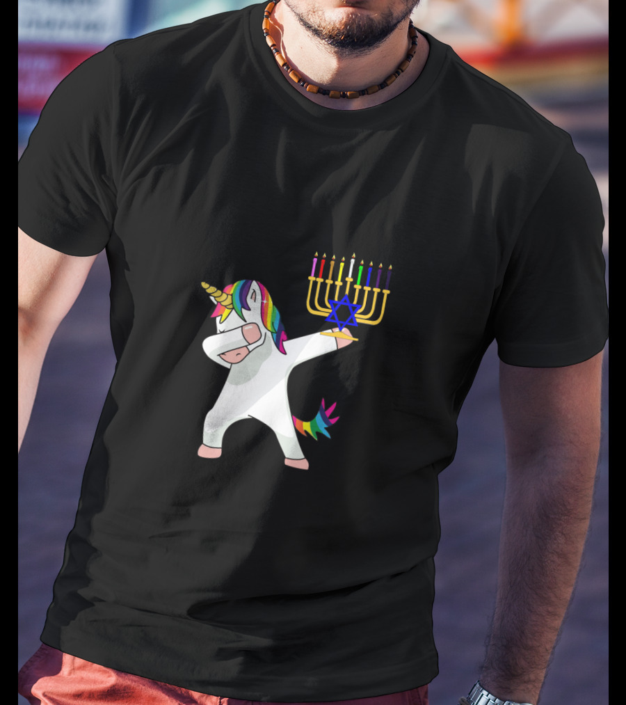 Unicorn Dabbing With Menorah Hanukkah Rainbow Mane And Tail T-Shirt