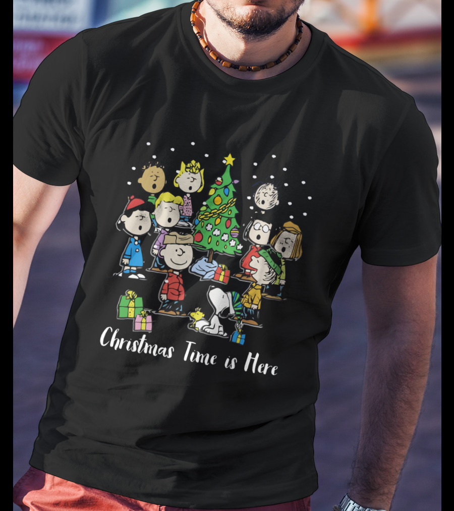 Peanuts Christmas Time Is Here Snoopy And Characters Around Christmas Tree T-Shirt