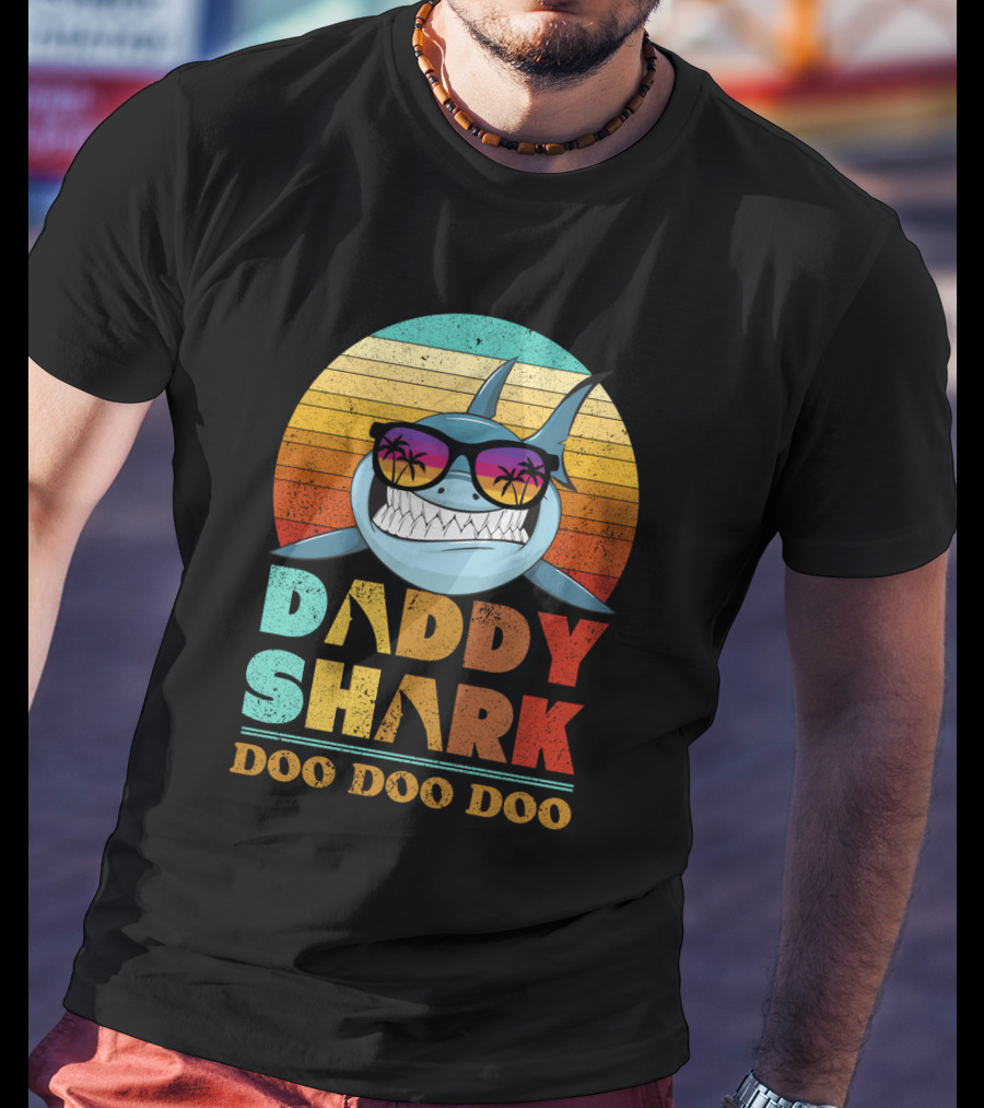 Daddy Shark Doo Doo Doo Retro Sunset Sunglasses Palms Colorful T-Shirt