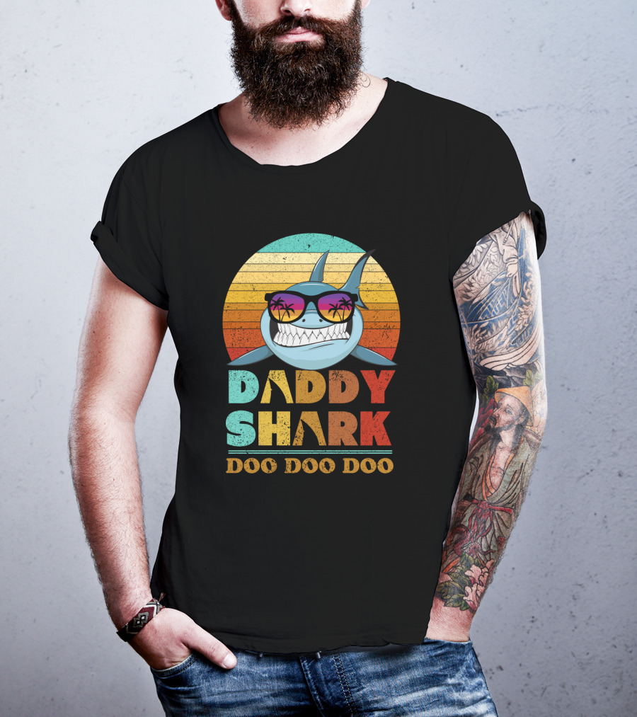 Daddy Shark Doo Doo Doo Retro Sunset Sunglasses Palms Colorful T-Shirt