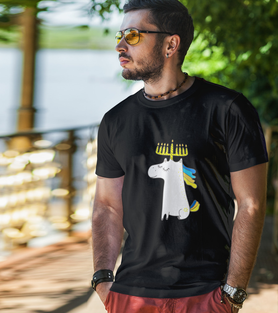 Unicorn With Menorah Horn And Star T-Shirt