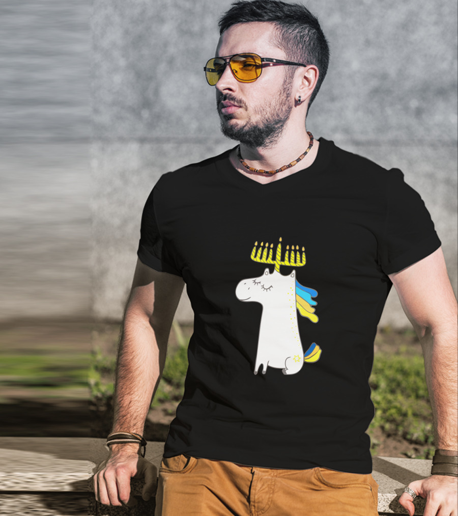 Unicorn With Menorah Horn And Star T-Shirt