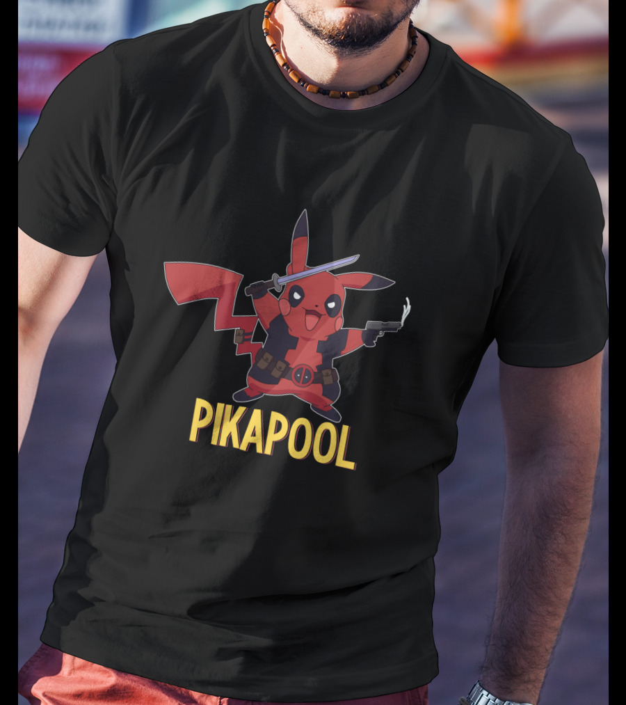 Pikapool Mashup Of Pikachu Deadpool Crossover Character With Sword And Pistol T-Shirt