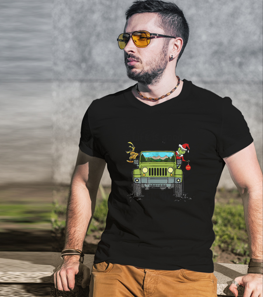 Life Is Good Enjoy The Ride Jeep Grinch Santa Reindeer Christmas T-Shirt