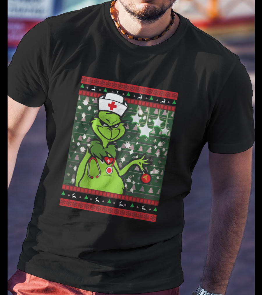 Nurse Ugly Sweater Merry Christmas Grinch With Nurse Hat And Stethoscope T-Shirt