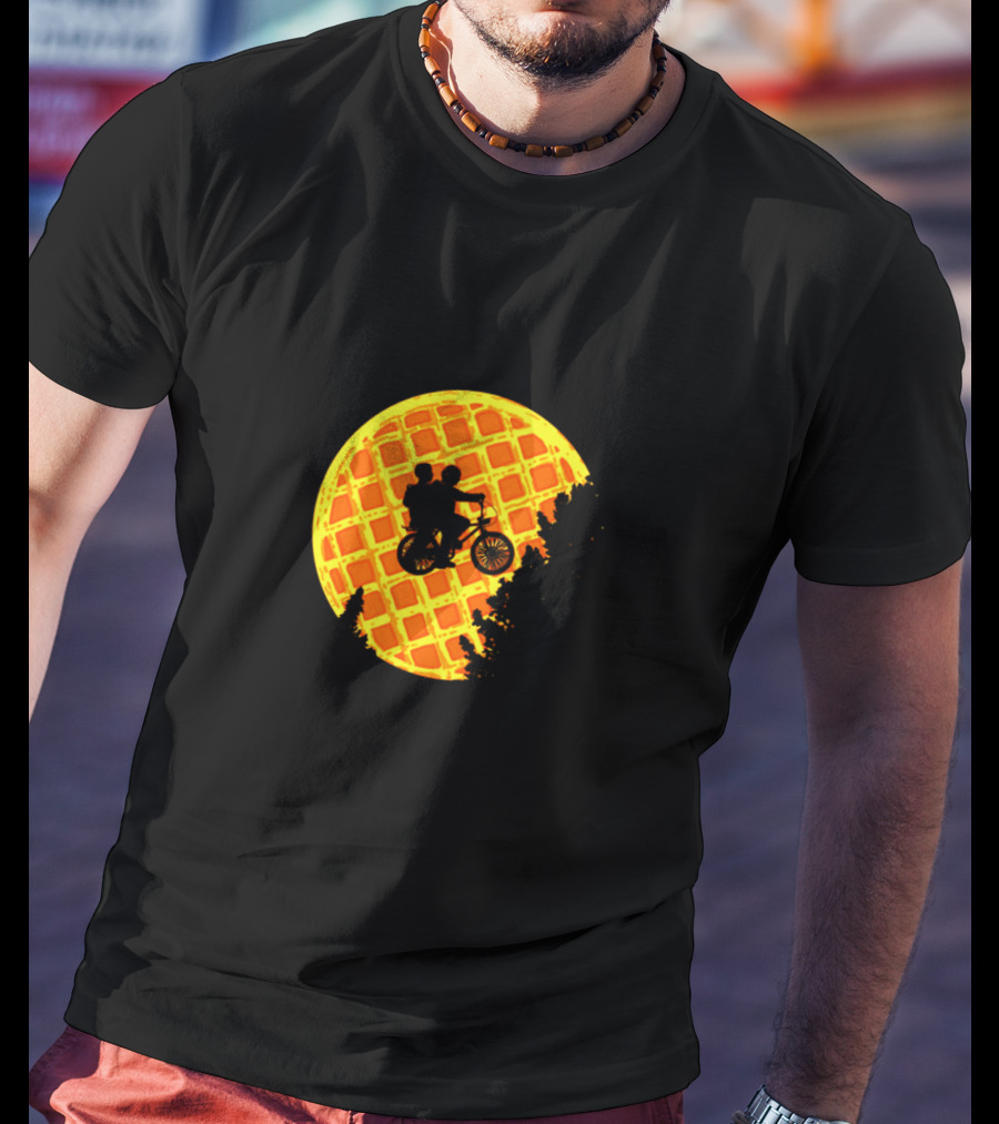 Stranger Things Bicycle Silhouette Against Waffle Moon T-Shirt