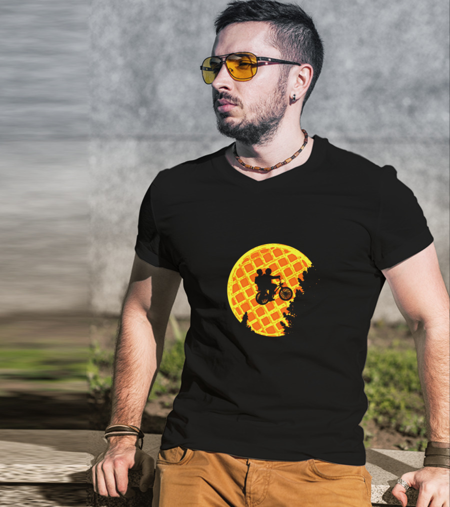 Stranger Things Bicycle Silhouette Against Waffle Moon T-Shirt