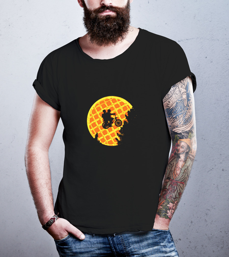 Stranger Things Bicycle Silhouette Against Waffle Moon T-Shirt