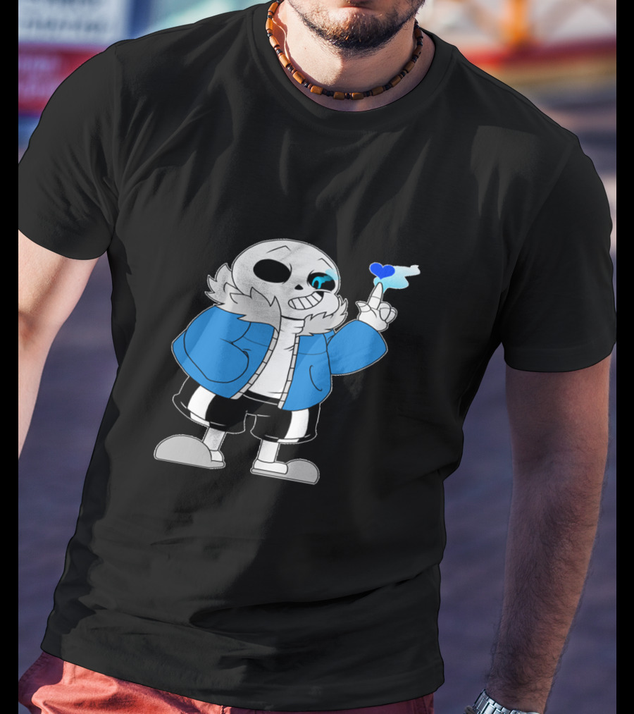 Sans Undertale Character With Blue Heart And Skeleton Jacket Look T-Shirt