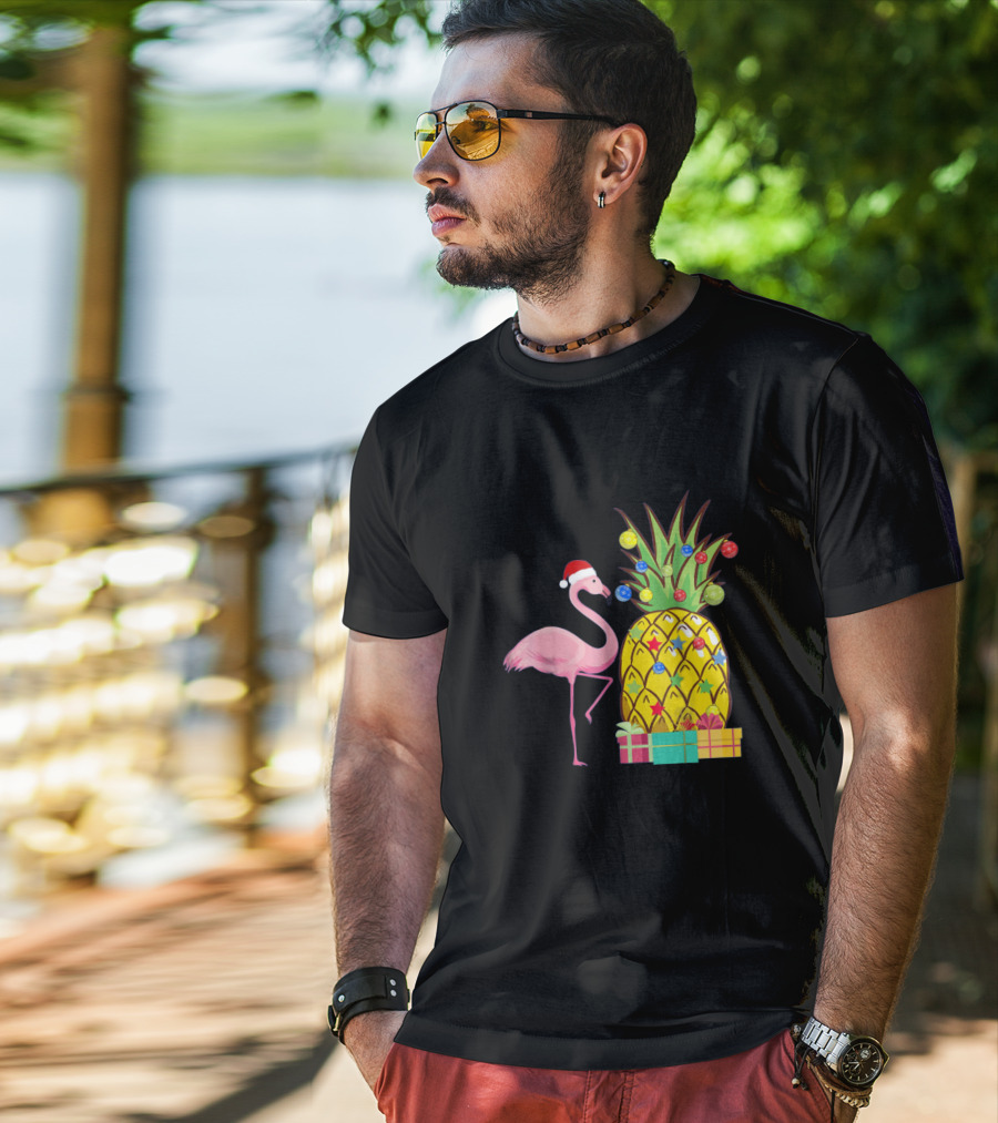 Santa Flamingo Christmas Pineapple With Colorful Ornaments And Holiday Gifts T-Shirt