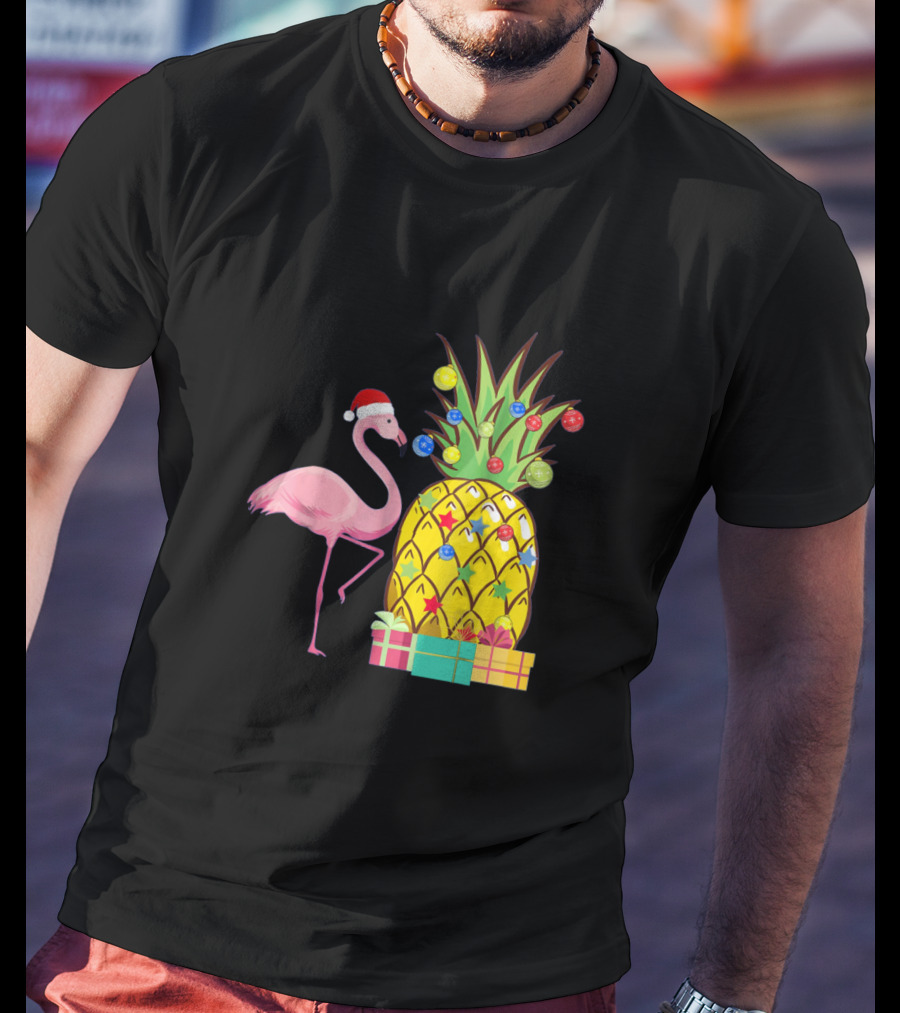 Santa Flamingo Christmas Pineapple With Colorful Ornaments And Holiday Gifts T-Shirt