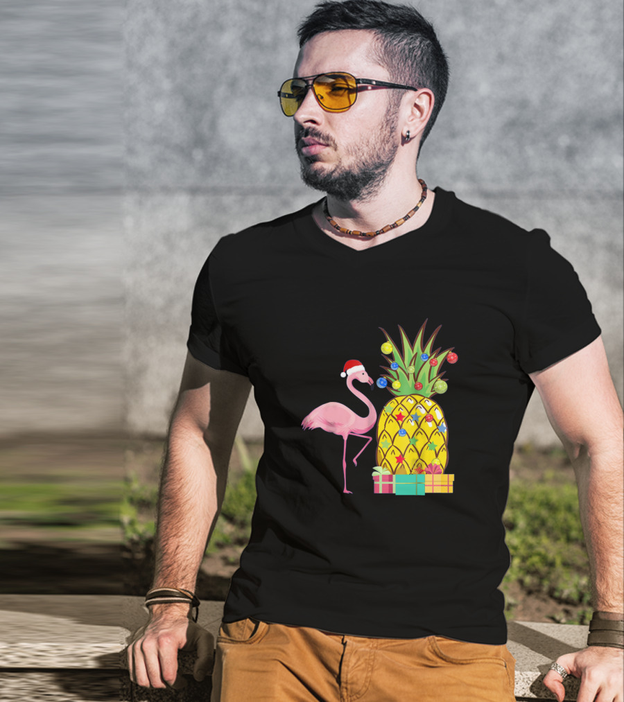 Santa Flamingo Christmas Pineapple With Colorful Ornaments And Holiday Gifts T-Shirt