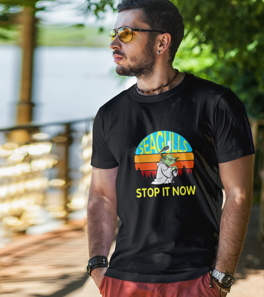 Seagulls Stop It Now Funny Retro Yoda Influence Vintage Sunset T-Shirt