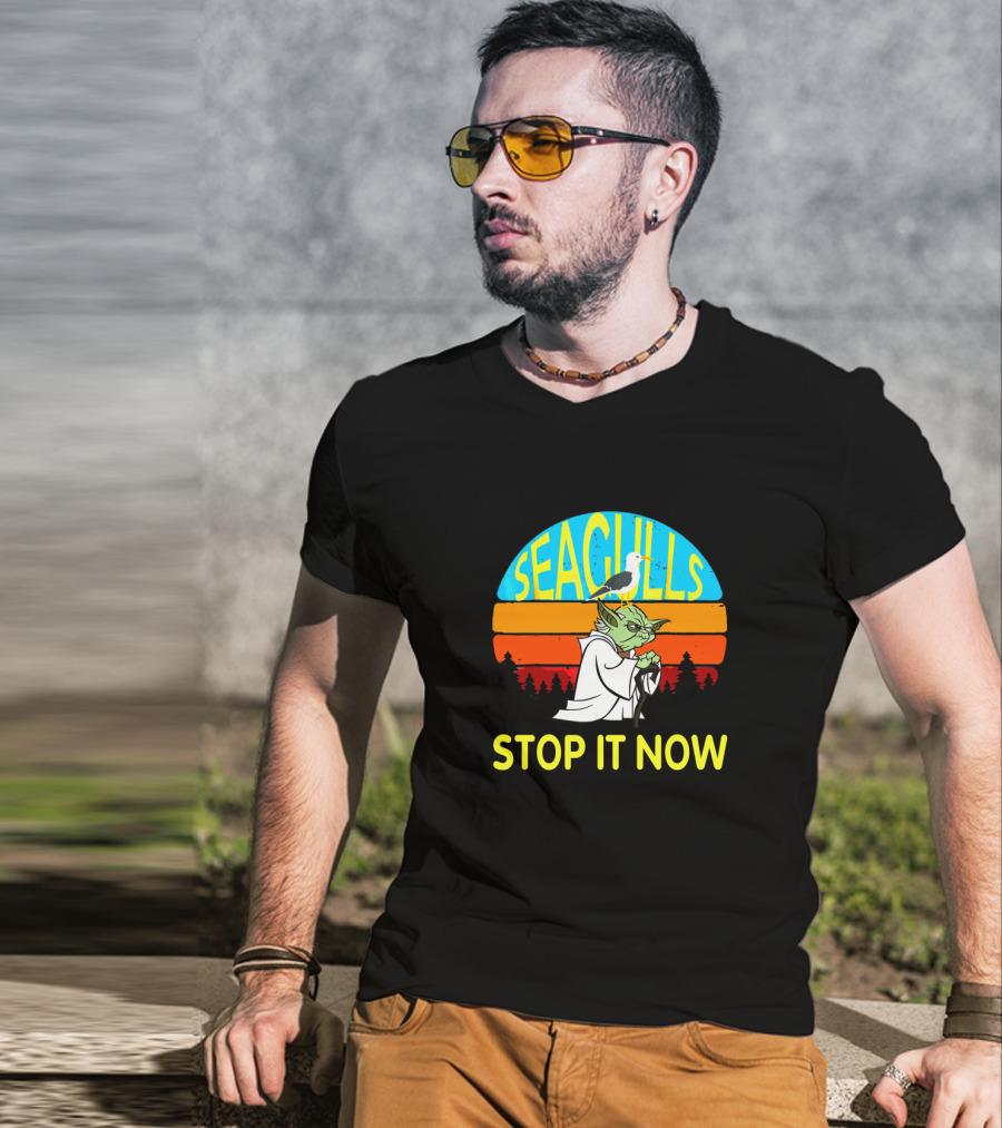 Seagulls Stop It Now Funny Retro Yoda Influence Vintage Sunset T-Shirt