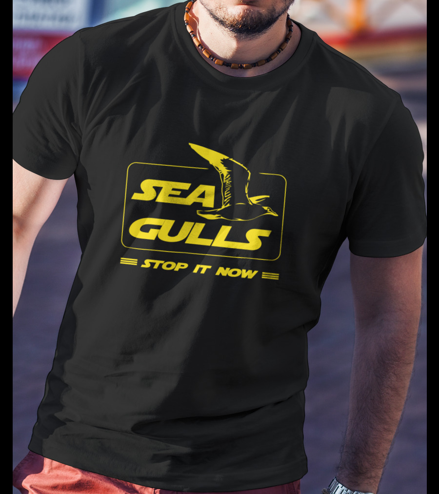 Seagulls Stop It Now Parody With Text In Bold Yellow Box Featuring Bird T-Shirt