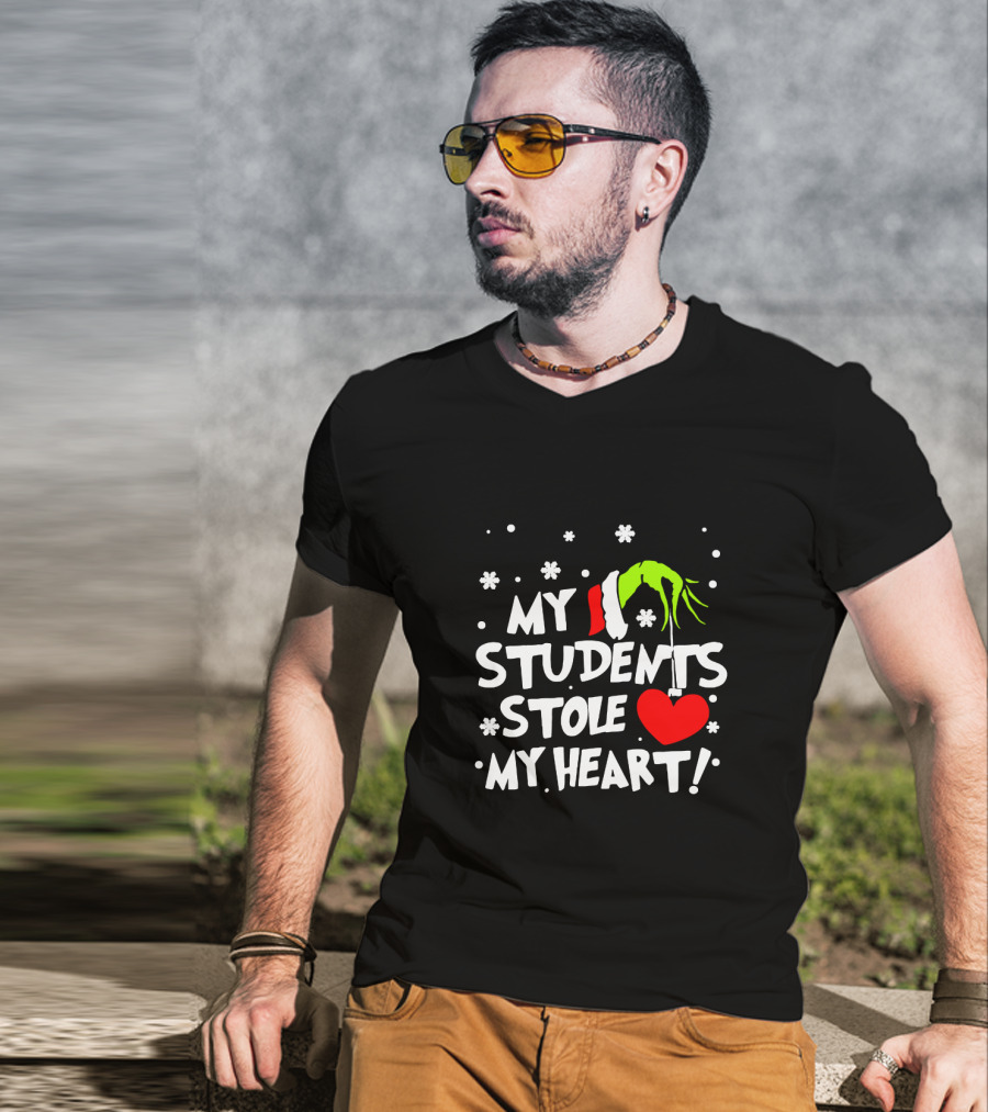 Teacher Grinch My Students Stole My Heart Holiday Santa Hand Snowflakes T-Shirt