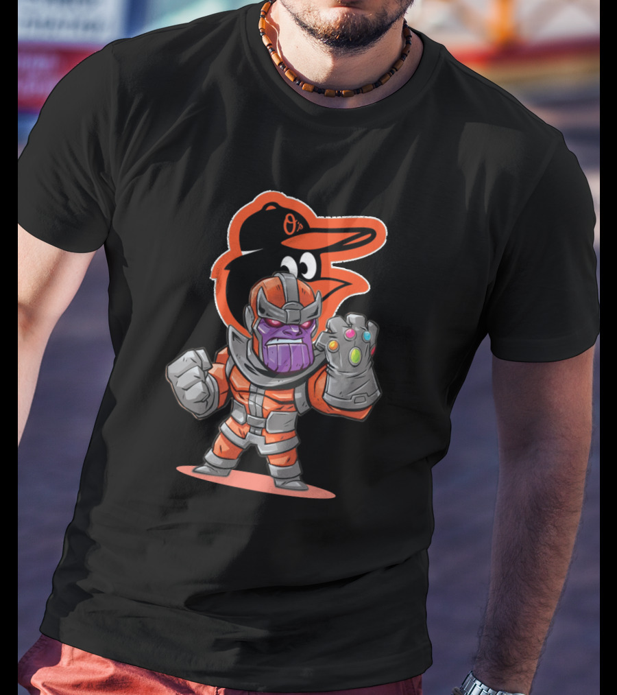 Baltimore Orioles Themed Thanos Character With Infinity Gauntlet T-Shirt