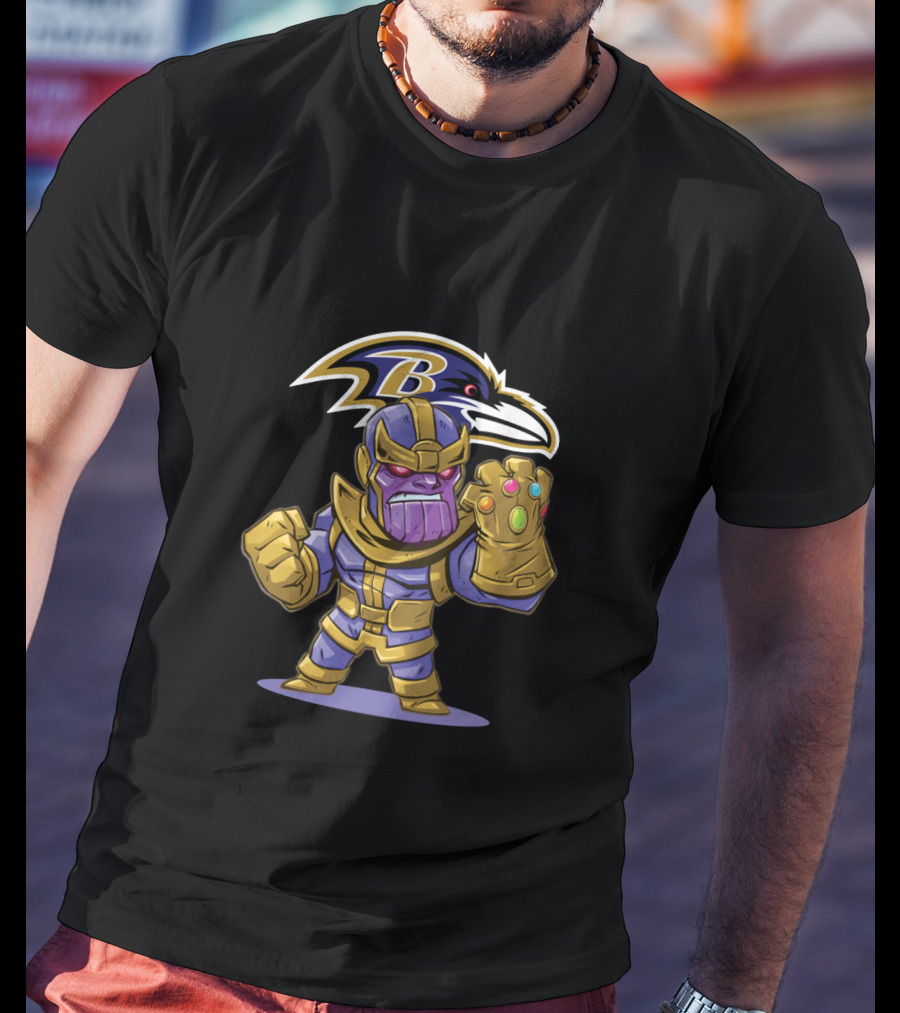 Thanos Marvel Character With Infinity Gauntlet And Baltimore Ravens Nfl T-Shirt