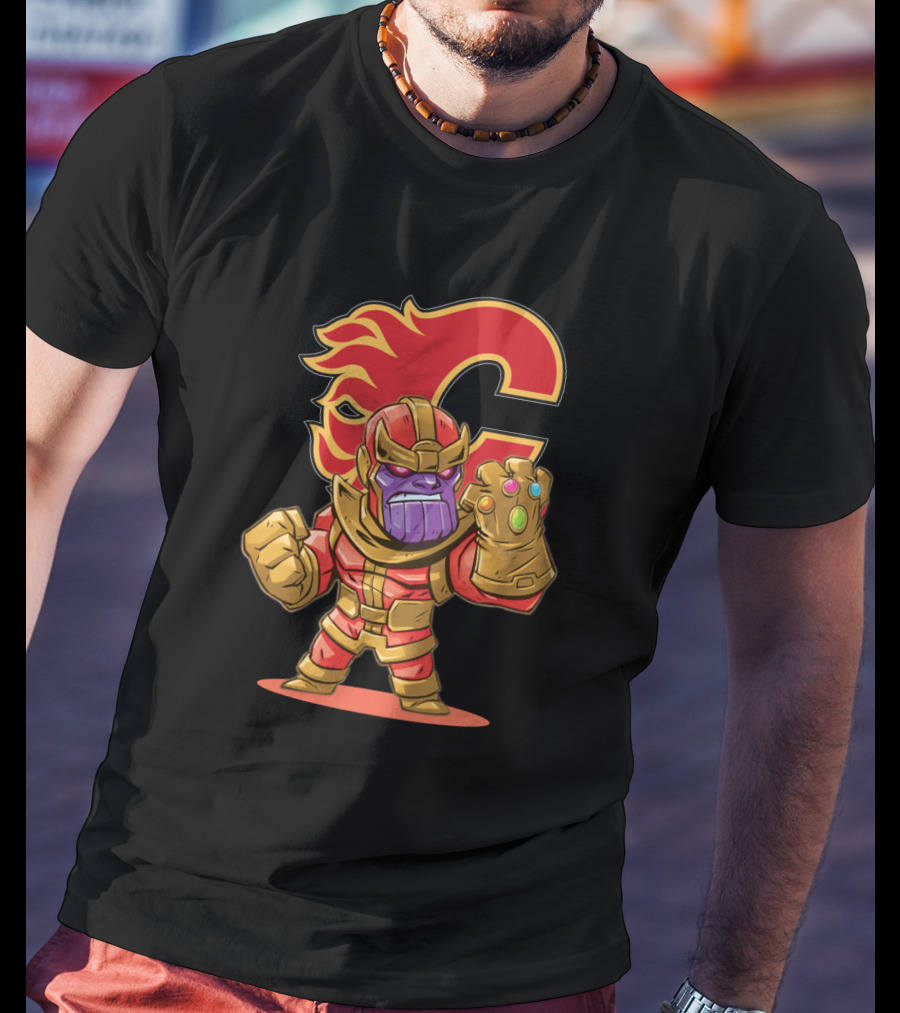 Thanos In Calgary Flames Colors With Team Logo Background T-Shirt