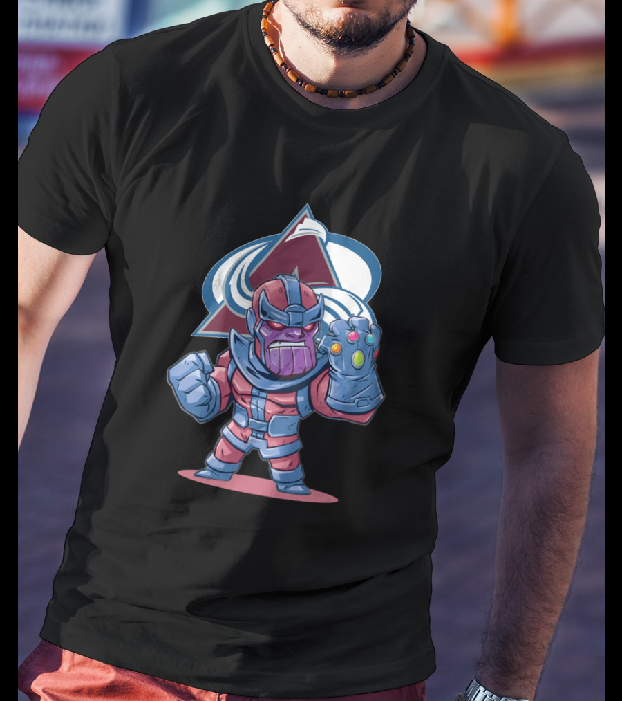 Thanos Character With Infinity Gauntlet And Colorado Avalanche Logo Background T-Shirt