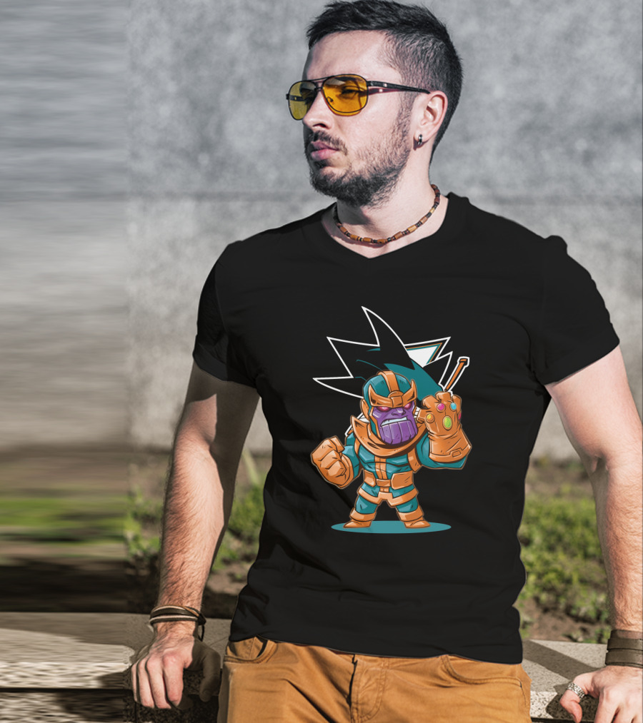 Thanos In San Jose Sharks Colors With Infinity Gauntlet And Hockey Stick T-Shirt