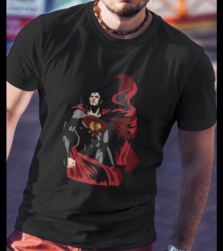Superman With Chicago Blackhawks Logo And Red Cape T-Shirt