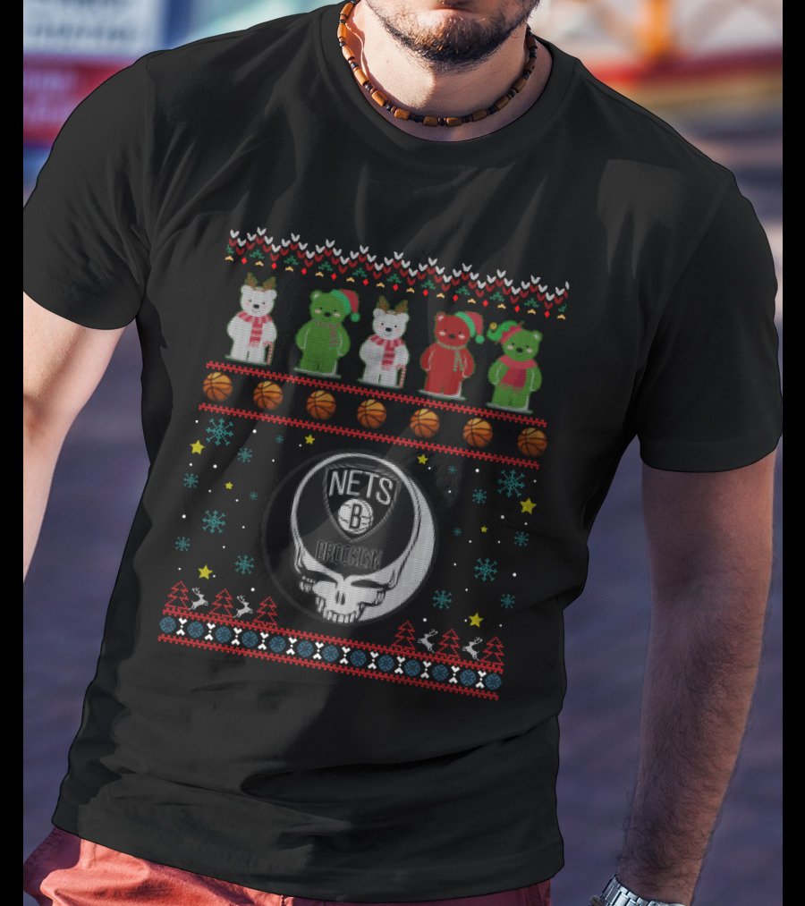 Brooklyn Nets Grateful Dead Bears Christmas Basketball T-Shirt