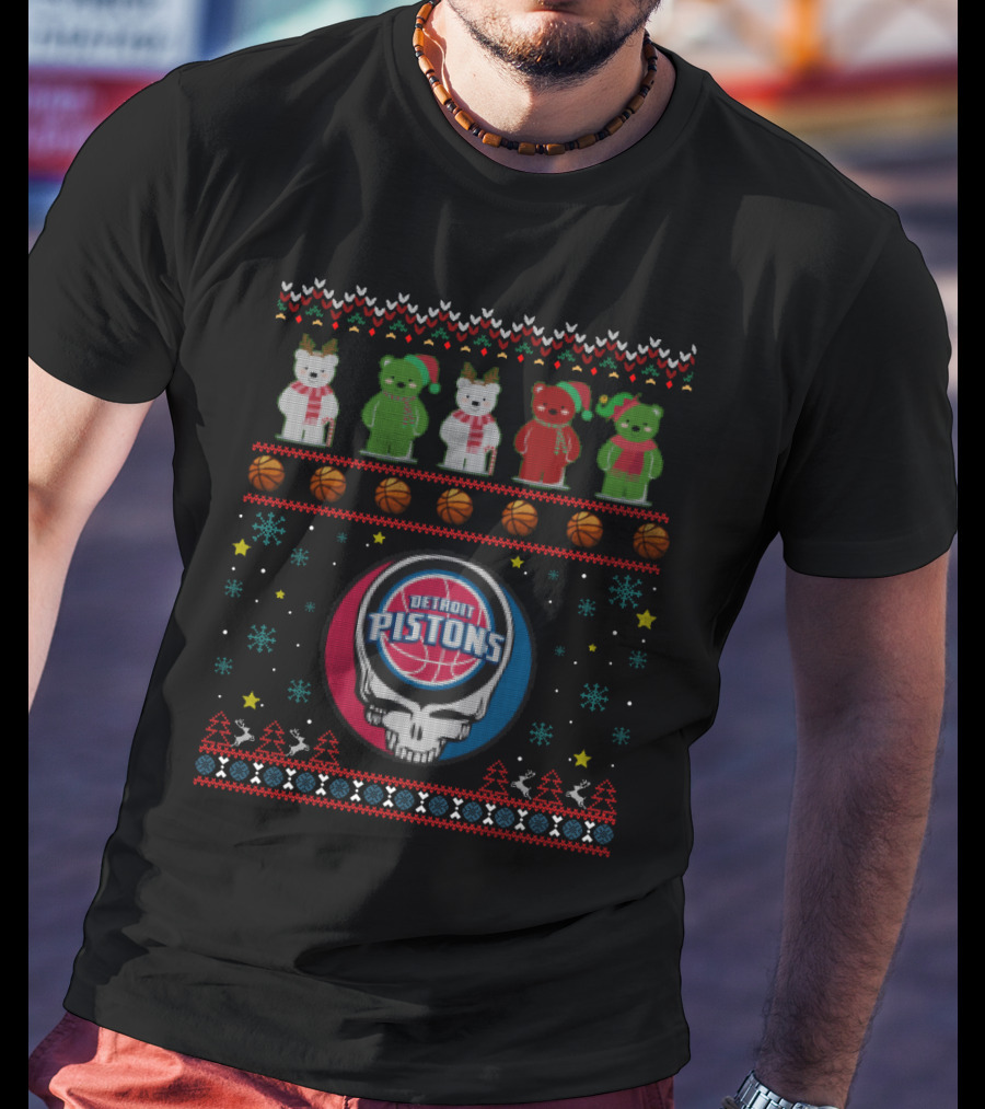 Detroit Pistons Grateful Dead Bears Xmas Sweater Logos T-Shirt