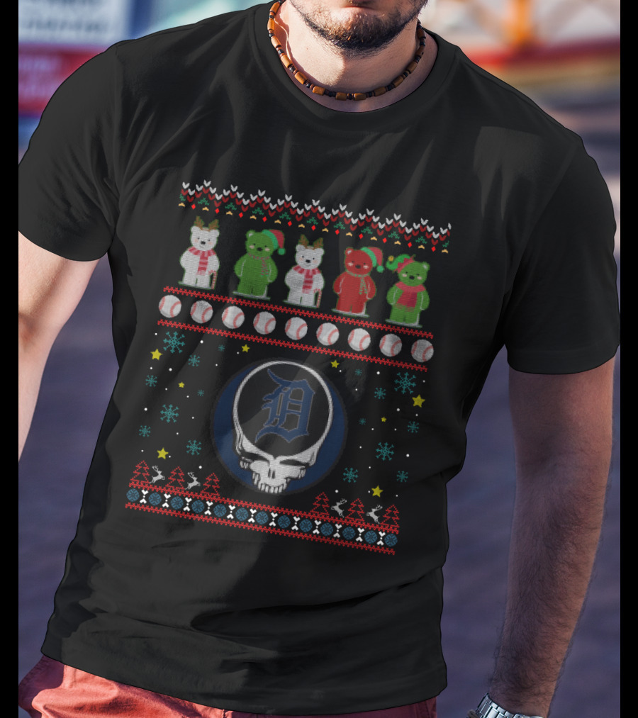 Detroit Tigers Bears Grateful Dead Ugly Christmas Sweater Baseball T-Shirt