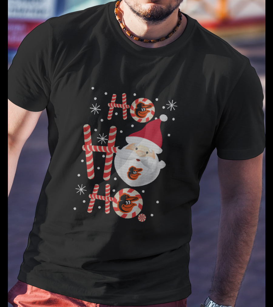 Ho Ho Ho Santa Christmas Baltimore Orioles Fans Peppermint Candy Cane T-Shirt