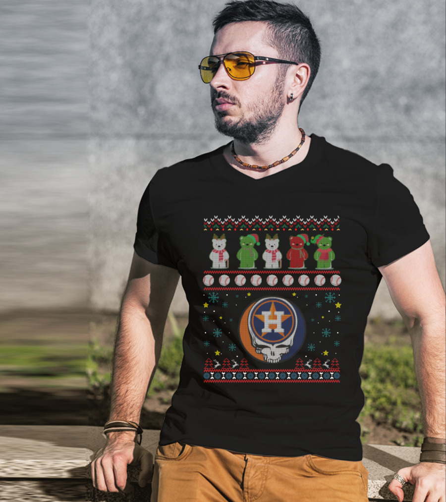 Houston Astros Grateful Dead Bears Christmas Baseball T-Shirt