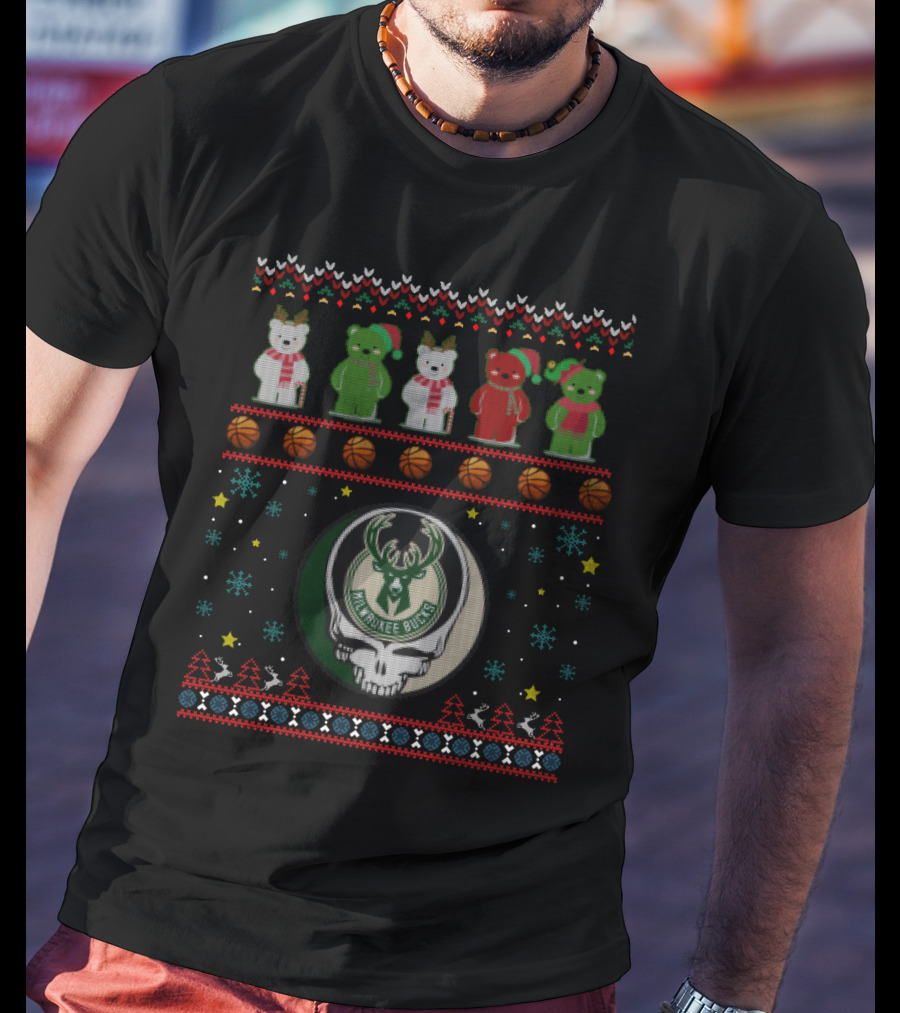 Milwaukee Bucks Grateful Dead Bears Christmas Sweater Style T-Shirt
