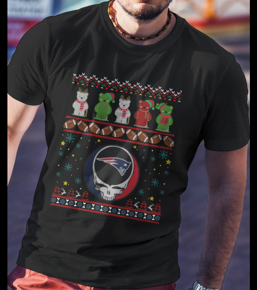 New England Patriots Grateful Dead Bears Christmas Football Skull T-Shirt