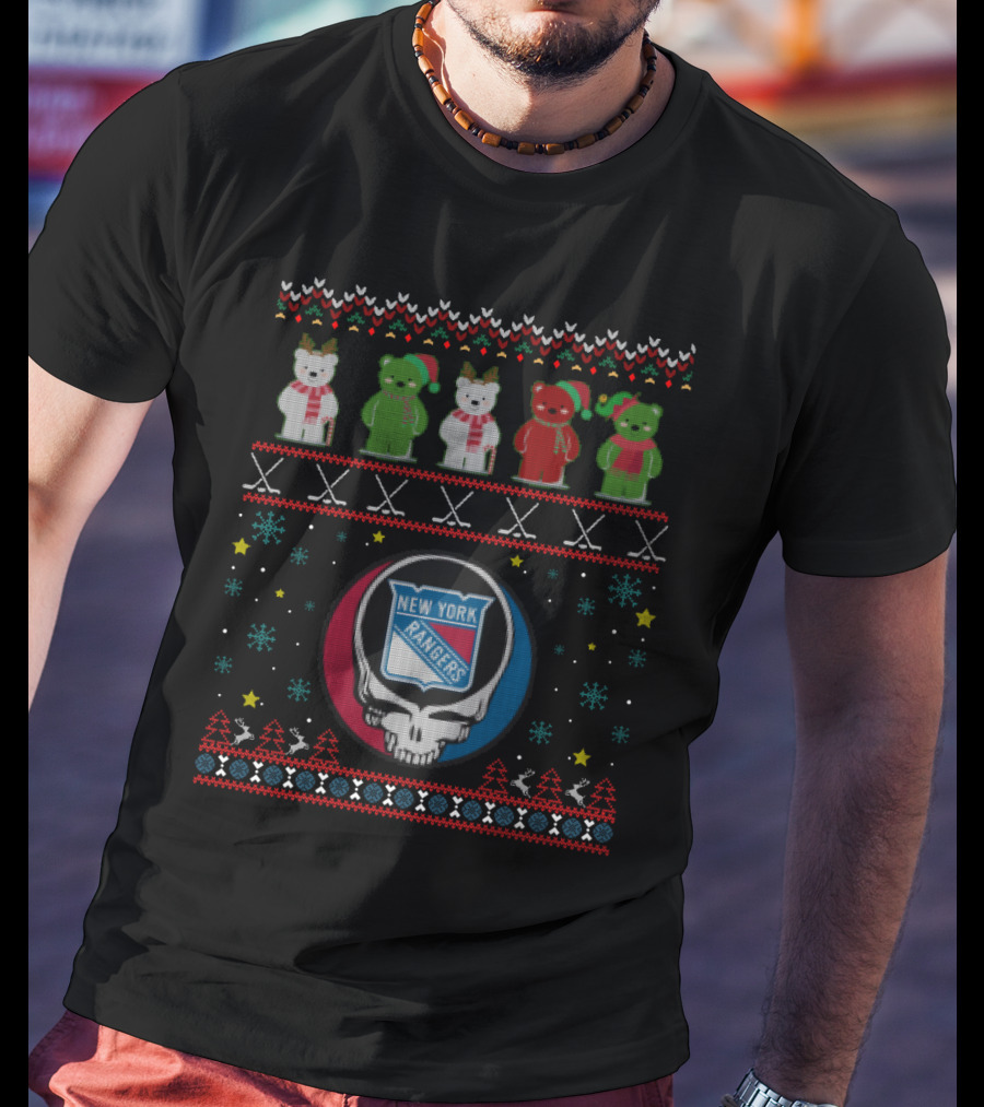 New York Rangers Grateful Dead Bears Holiday Sweater Motif T-Shirt