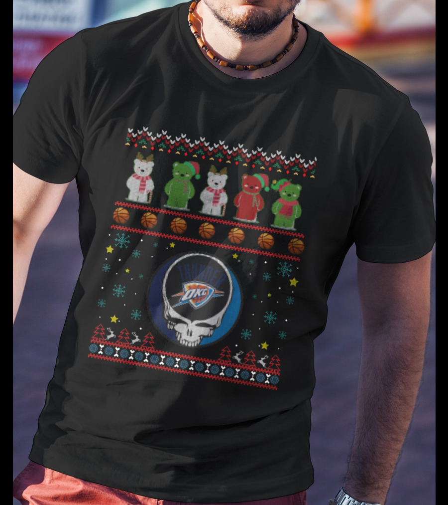 Okc Thunder Christmas Bears Grateful Dead Skulls T-Shirt