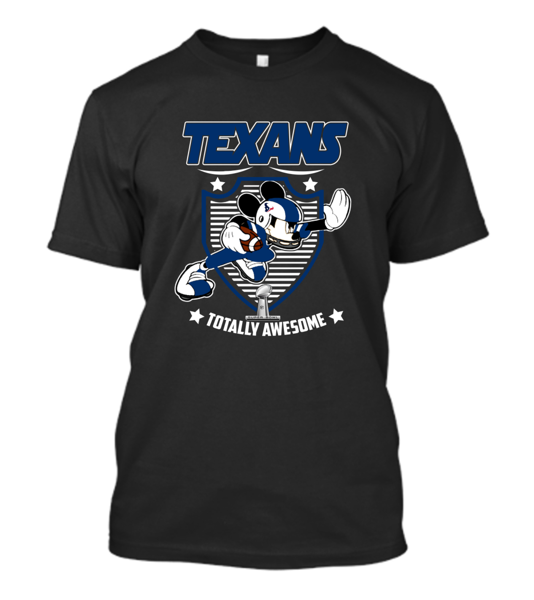 Texans Totally Awesome Football Fan Character Running With Ball On Shield T-Shirt
