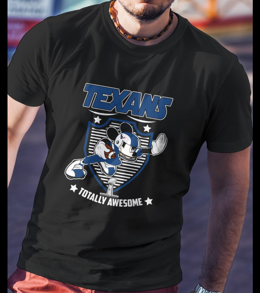 Texans Totally Awesome Football Fan Character Running With Ball On Shield T-Shirt
